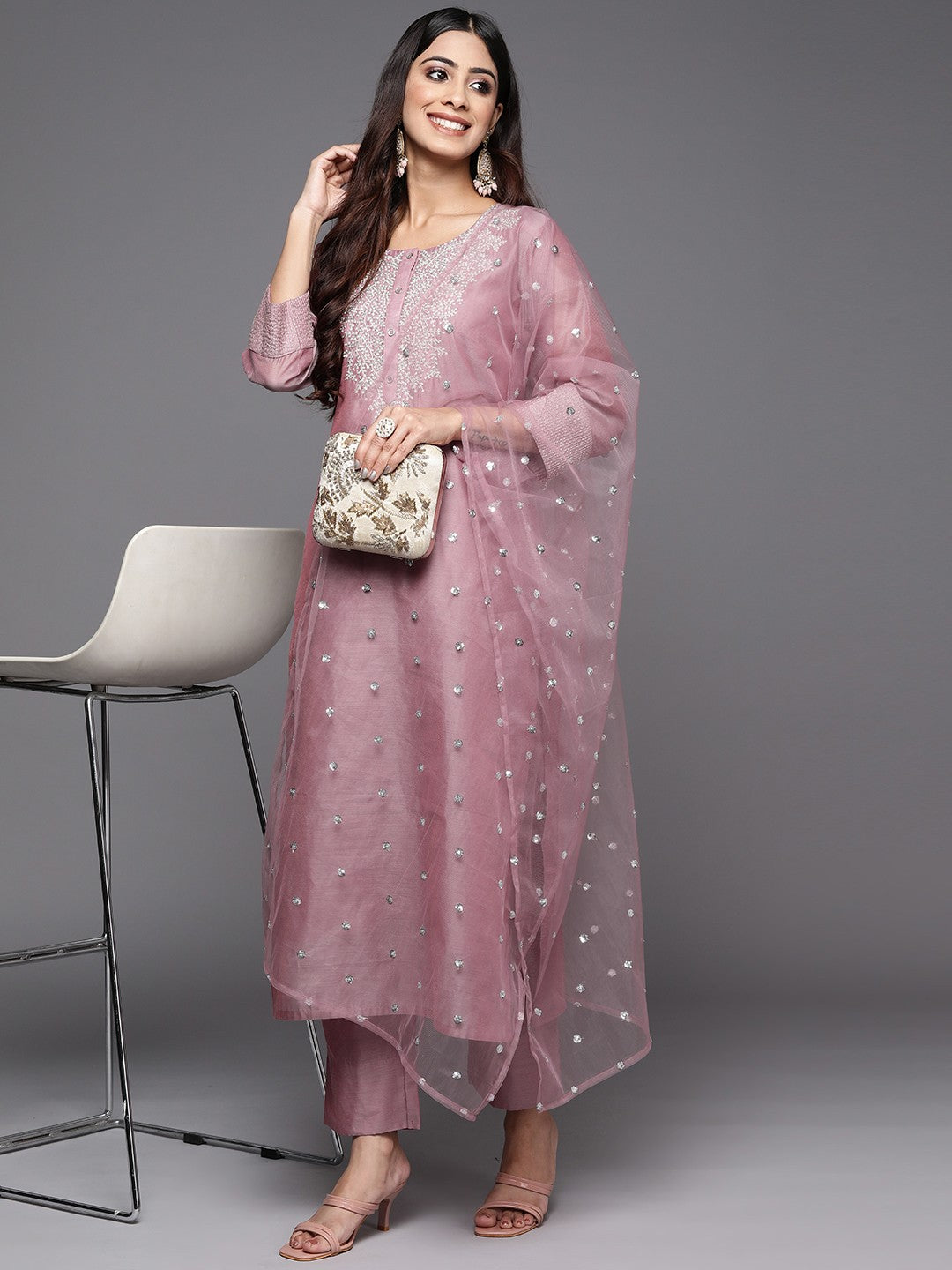 Women Mauve Floral Yoke Design Chanderi Silk Kurta with Trousers & With Dupatta