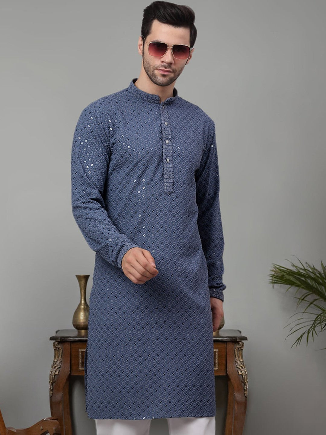 Geometric Embroidered Mandarin Collar Sequinned Pure Cotton Straight Kurta