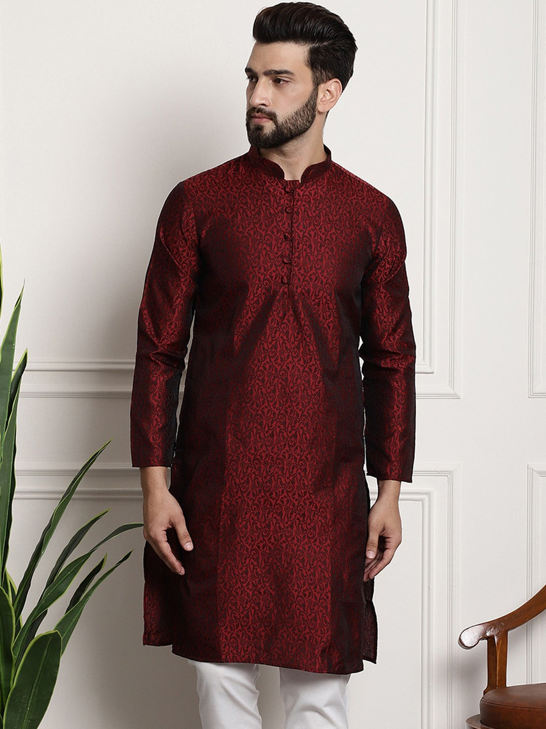 Men Maroon Printed Straight Kurta