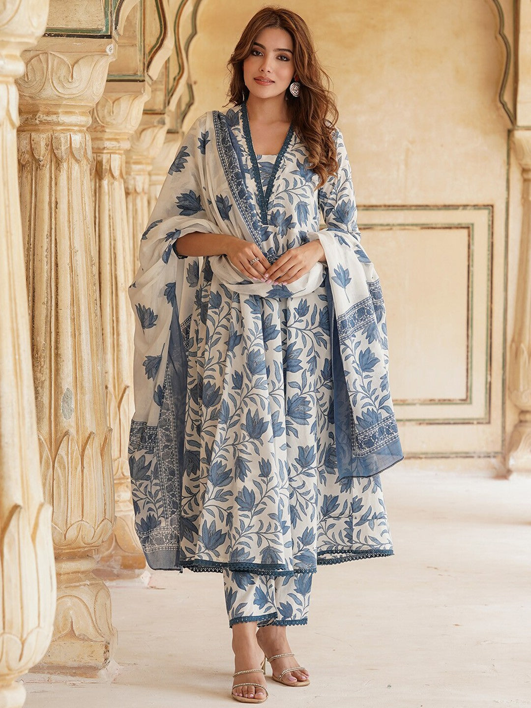 Floral Printed Anarkali Pure Cotton Kurta with Trousers & With Dupatta