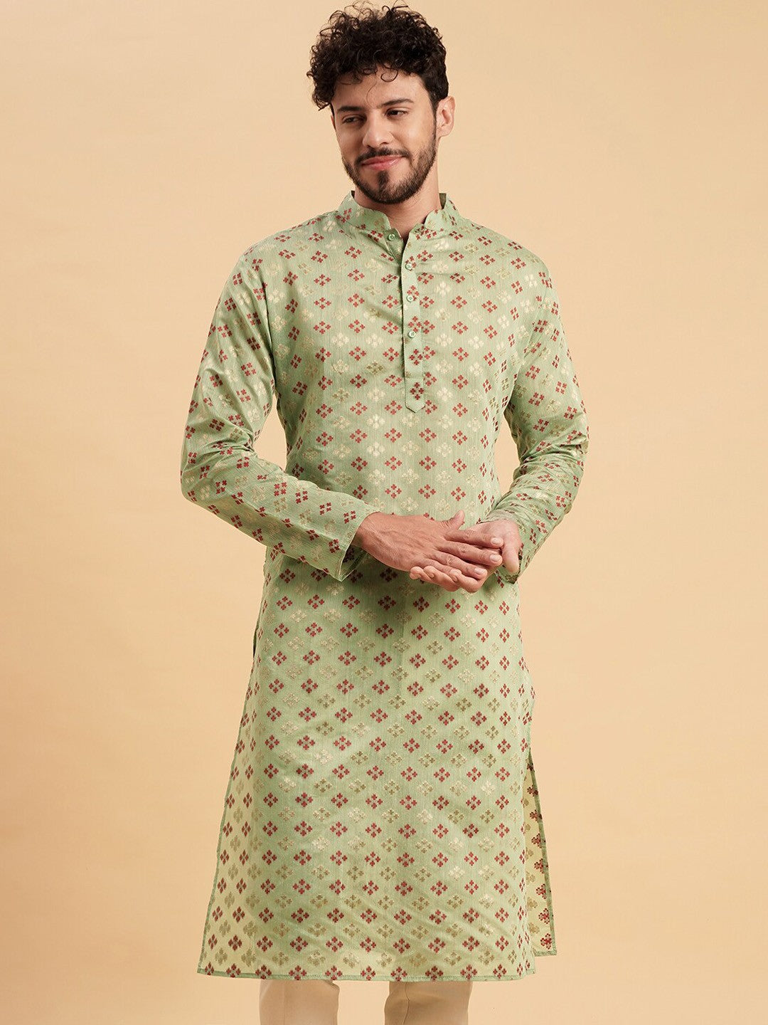 Woven design Mandarin Collar Jacquard Cotton Kurta