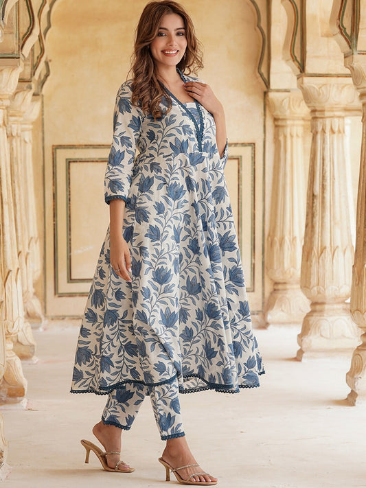 Floral Printed Anarkali Pure Cotton Kurta with Trousers & With Dupatta