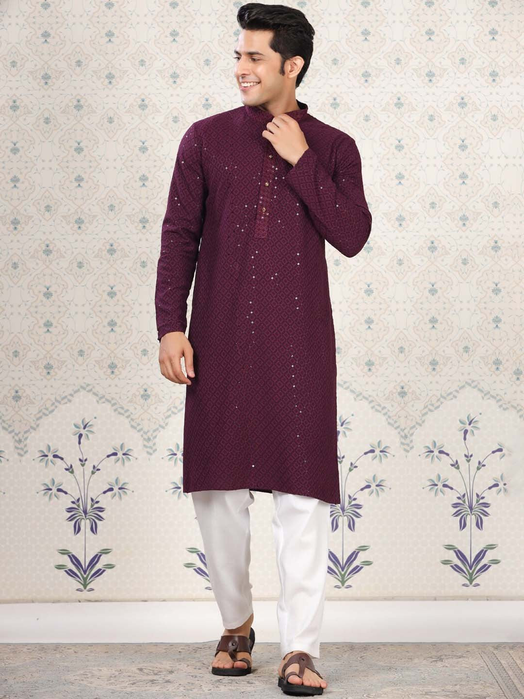 Ethnic Motifs Embroidered Sequinned Detail Mandarin Collar Straight Kurta